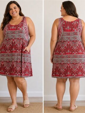 Hibelle Paisley Sleeveless Tank Dress Red Pink 2XL